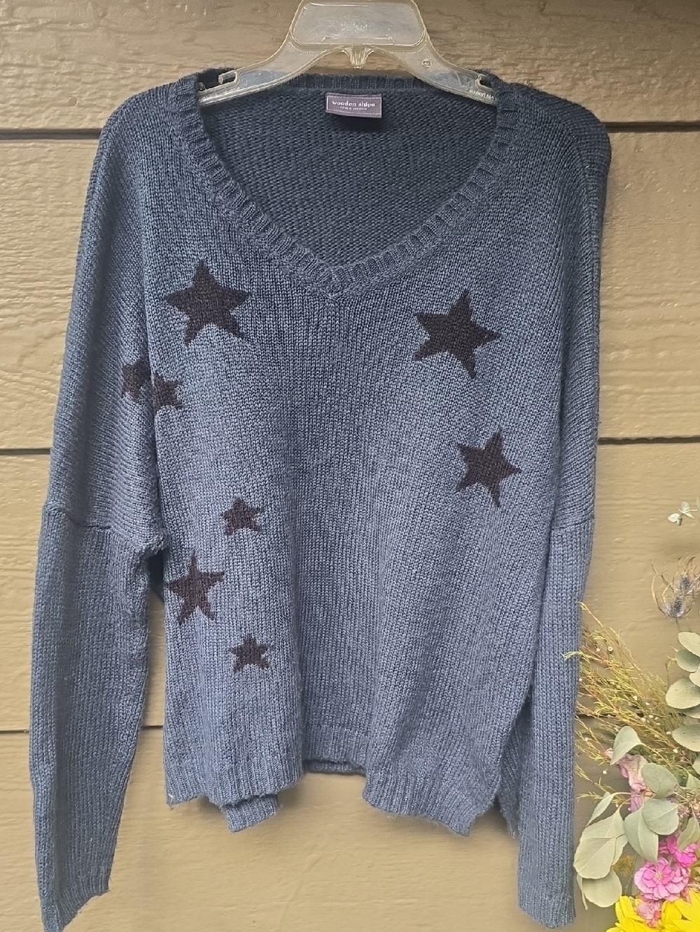Wooden Ships Blue V-neck Starprint Sweater Mohair Wool Blend M/L
